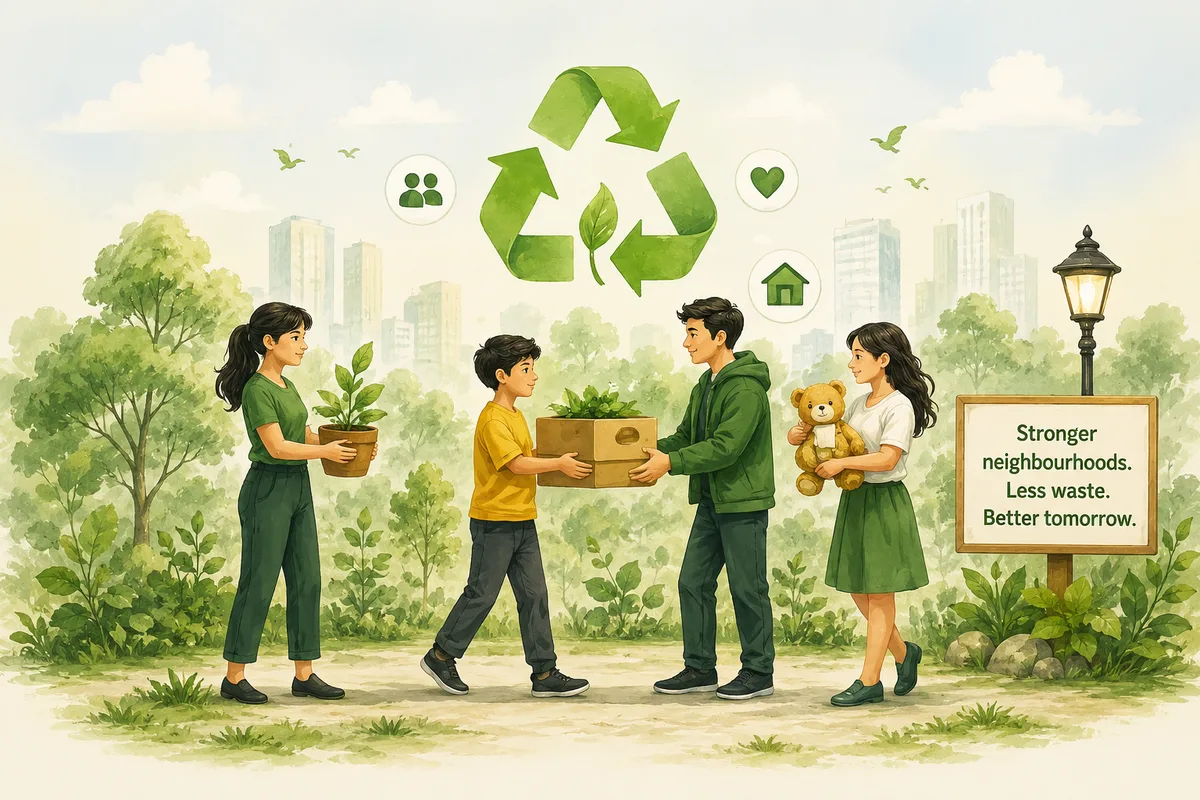 Neighbours passing on a plant, a box and a soft toy — less waste, a stronger community